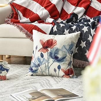 AVOIN colorlife 4th of July Red and Blue Poppy Floral Throw Pillow Cover, 18 x 18 Inch Memorial D... | Amazon (US)