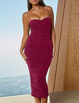 L'VOW Women's Sexy Ruched Bodycon Spaghetti Strap Backless Maxi Pencil Formal Dress | Amazon (US)