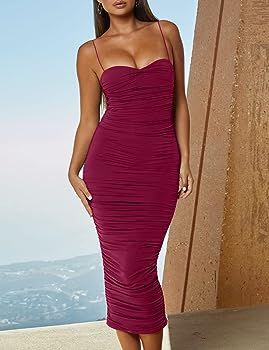 L'VOW Women's Sexy Ruched Bodycon Spaghetti Strap Backless Maxi Pencil Formal Dress | Amazon (US)