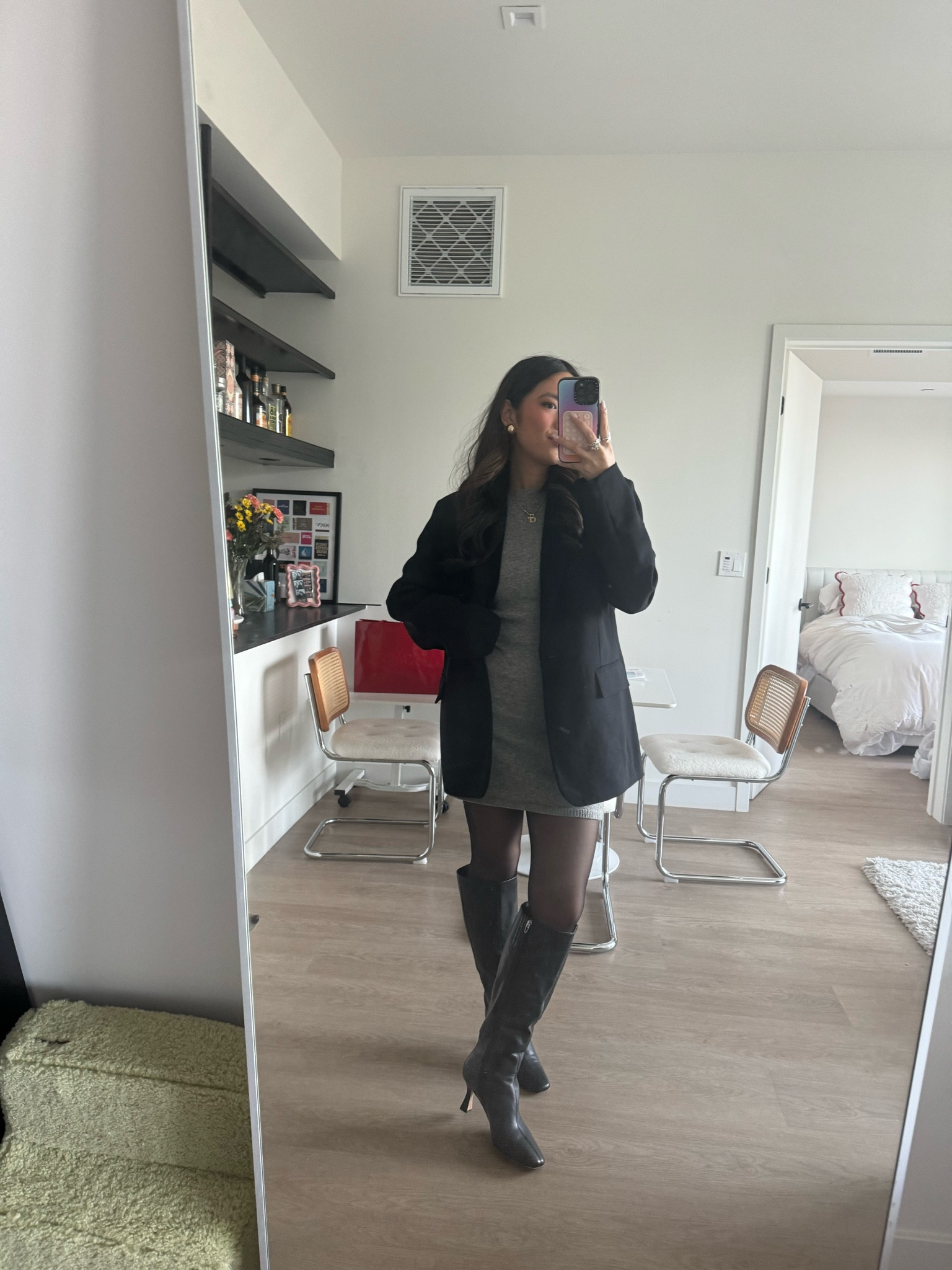 dress & blazer are zara but linked the BEST tights & boots