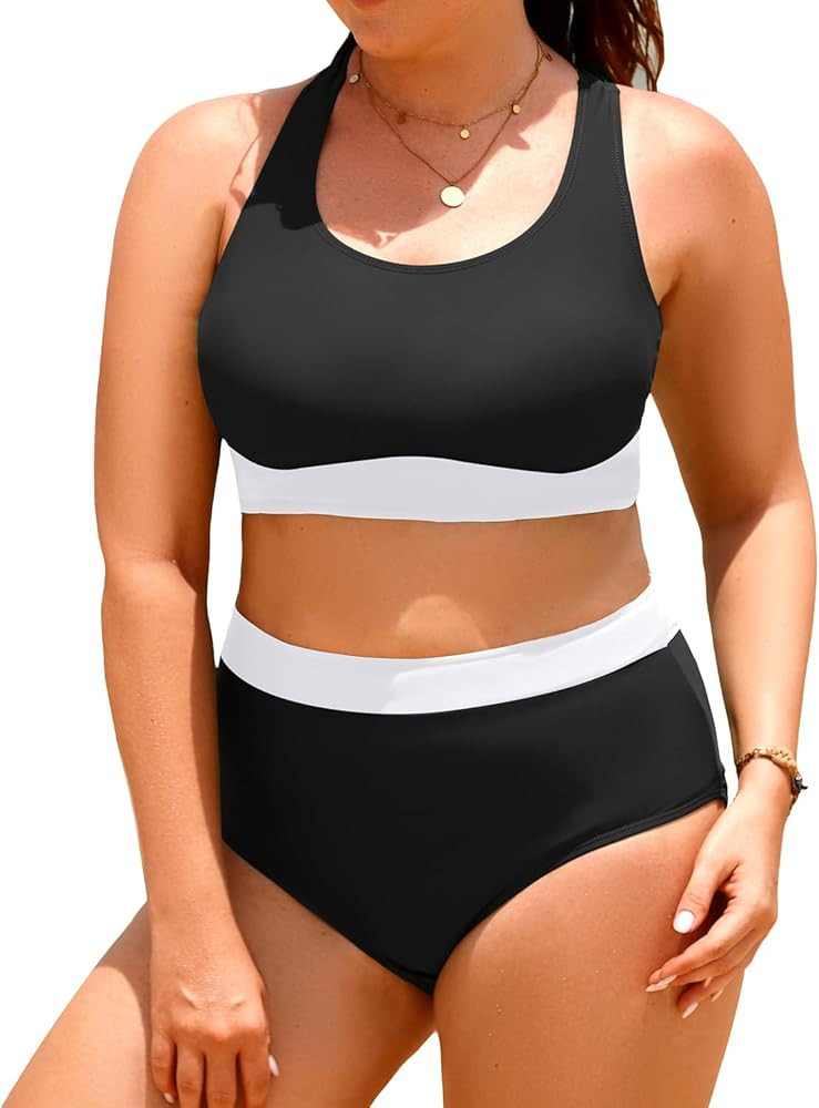 Aqua Eve Plus Size Two Piece High Waisted Bikini Swimsuits Scoop Neck Bikini Set Sporty Bathing S... | Amazon (US)