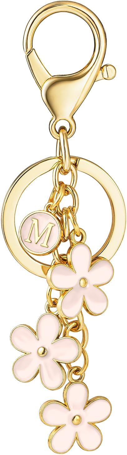 SELOVO Initial Keychain White/Pink Flower Charms for Key Cute Letter Keyring for Handbag Backpack | Amazon (US)