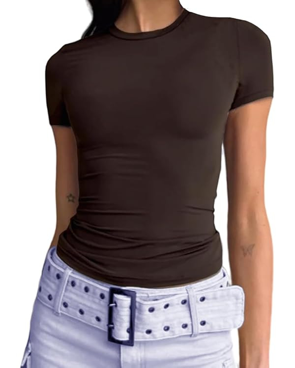 Abardsion Women's Casual Basic Going Out Crop Tops Slim Fit Short Sleeve Crew Neck Tight T Shirts | Amazon (US)