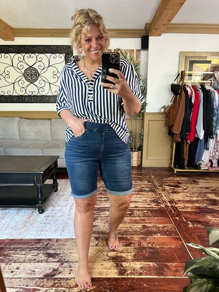 Elastic waist Bermuda shorts (16), striped button blouse (12) with puff sleeve- use code Nicoles15 at checkout 

#LTKFindsUnder50 #LTKMidsize #LTKOver40