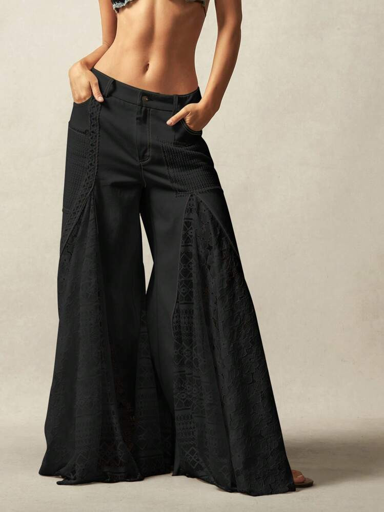 Bohemela Bohemian Style Solid Color Woven Mid-Waist Flare Pants Lace Pants Wide Leg Pants Flare L... | SHEIN