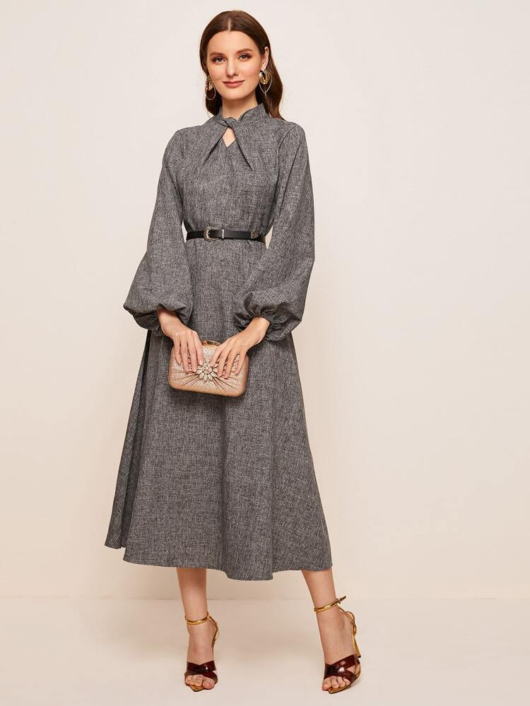 SHEIN Twist Detail Lantern Sleeve Linen Look Dress Without Belt | SHEIN
