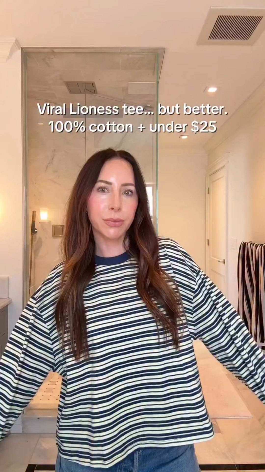 Hot take: I bought the viral Lioness tee… and this $23 one is better.
It’s softer, 100% cotton (the Lioness isn’t), and I always try to buy natural fibers when I can.
Plus, it comes in a ton of colors.

Also… it’s the perfect tee with jeans for spring.
And can we talk about how stripes are everywhere right now? 👀

Comment SHOP and I’ll send you the link 🤍

#basics 
#stripedtee
#springoutfitideas 
#jeansandtee
#elevatedbasics
#casualchicstyle
#momstyle
#styleover40
#afforɗablefashion 
#everydayoutfitideas
#2026trends
#spring2026

#LTKU #LTKPetite #LTKOver40