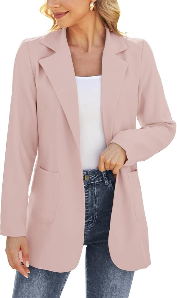 Women Open Front Blazers Long Sleeve Casual OL Office Slim Buttonless Suit Jacket with Pockets | Amazon (US)
