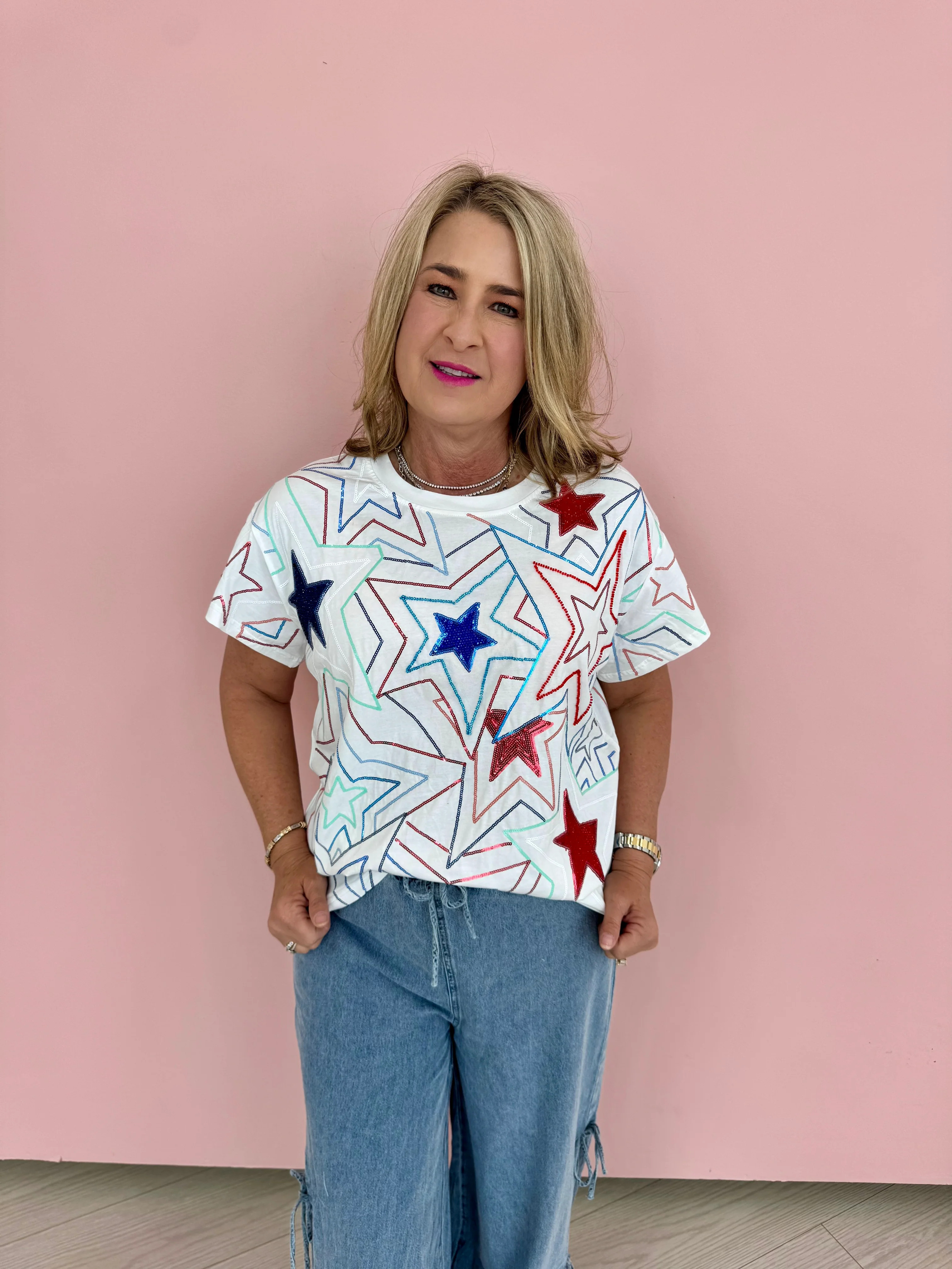 White, Red & Blue Groovy Star Tee-Queen Of Sparkles Extra large | Extremely Refined Boutique