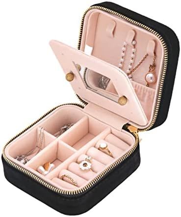 Velvet Jewelry Box for Women Girls, Small Travel Case with Mirror, Mini Portable Gifts Organizer Box | Amazon (US)
