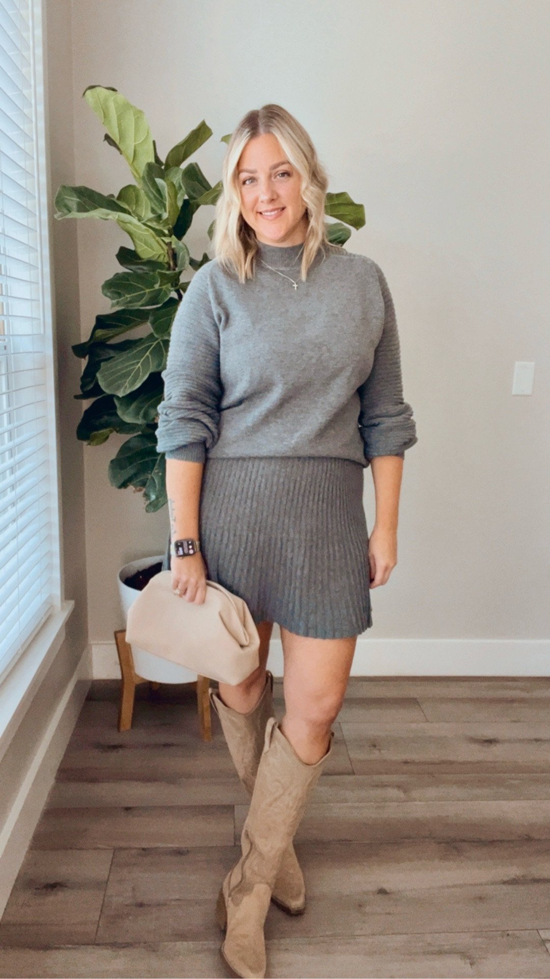 Fall church outfit idea 🍂✨ I wore this cozy gray sweater dress with tall boots and a neutral clutch to the Women’s Banquet and it was the perfect mix of chic + comfy. A sweater dress with boots is such an easy go-to for fall—whether it’s Sunday service, a banquet, or just a night out, you’ll look polished without overthinking it. 🤍

Wearing size large in the skirt set.  Sized up 1/2 size in the boots.

#ChurchOutfit #FallOutfits #SweaterDressStyle #Over40Fashion #MidsizeStyle #AffordableFashion #boots

#LTKFindsUnder50 #LTKMidsize #LTKStyleTip
