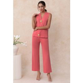 Golden Button Knit Vest and Pants Set in Coral | Chicwish