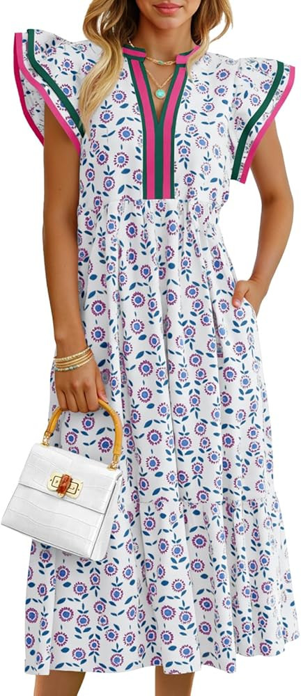 Wenrine Womens Summer Floral Midi Dresses Ruffle Cap Sleeve V Neck Flowy Boho Casual Beach Vacati... | Amazon (US)