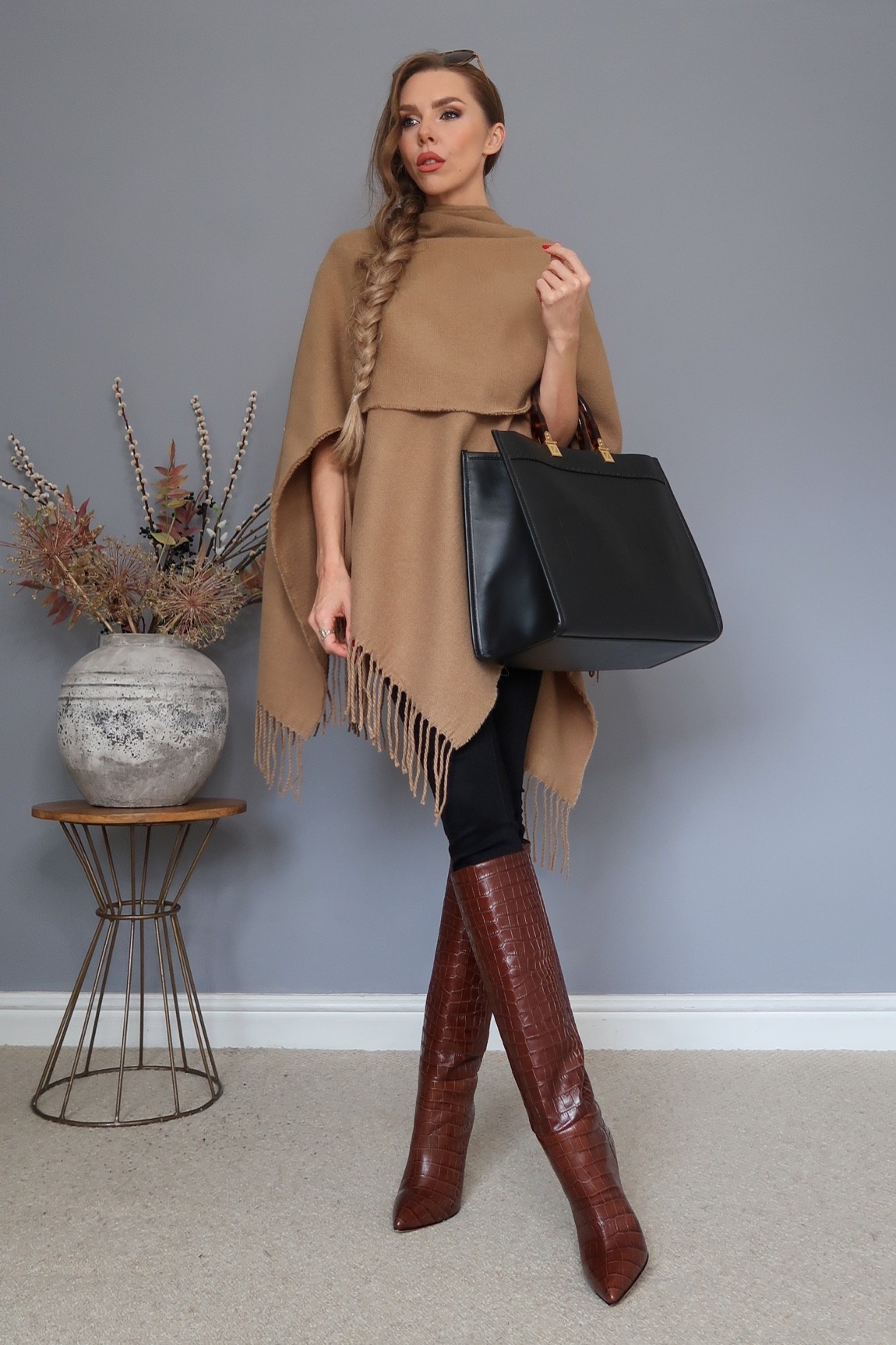 Tan cape shawl with brown knee high boots

#LTKunder100 #LTKeurope #LTKSeasonal