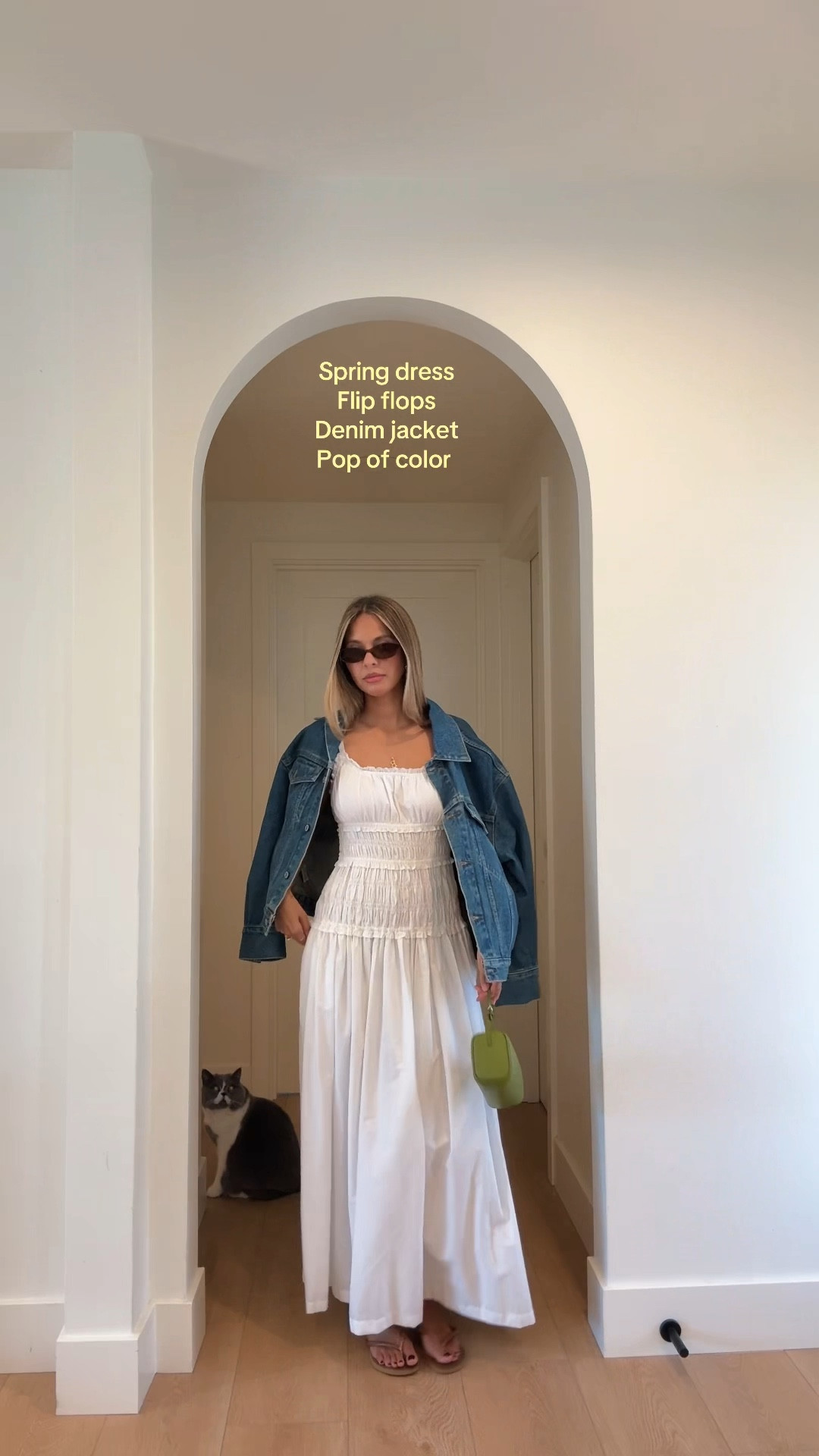 WHAT I’M WEARING : 
Dress- Abercrombie ( I did a xxs ) 
Denim jacket - Abercrombie ( I did xs ) 
Flip flops - havianas
Purse- Amazon find!  
Earrings- joiana ( best non hoop everyday earrings ) 
Sunnies- Amazon 