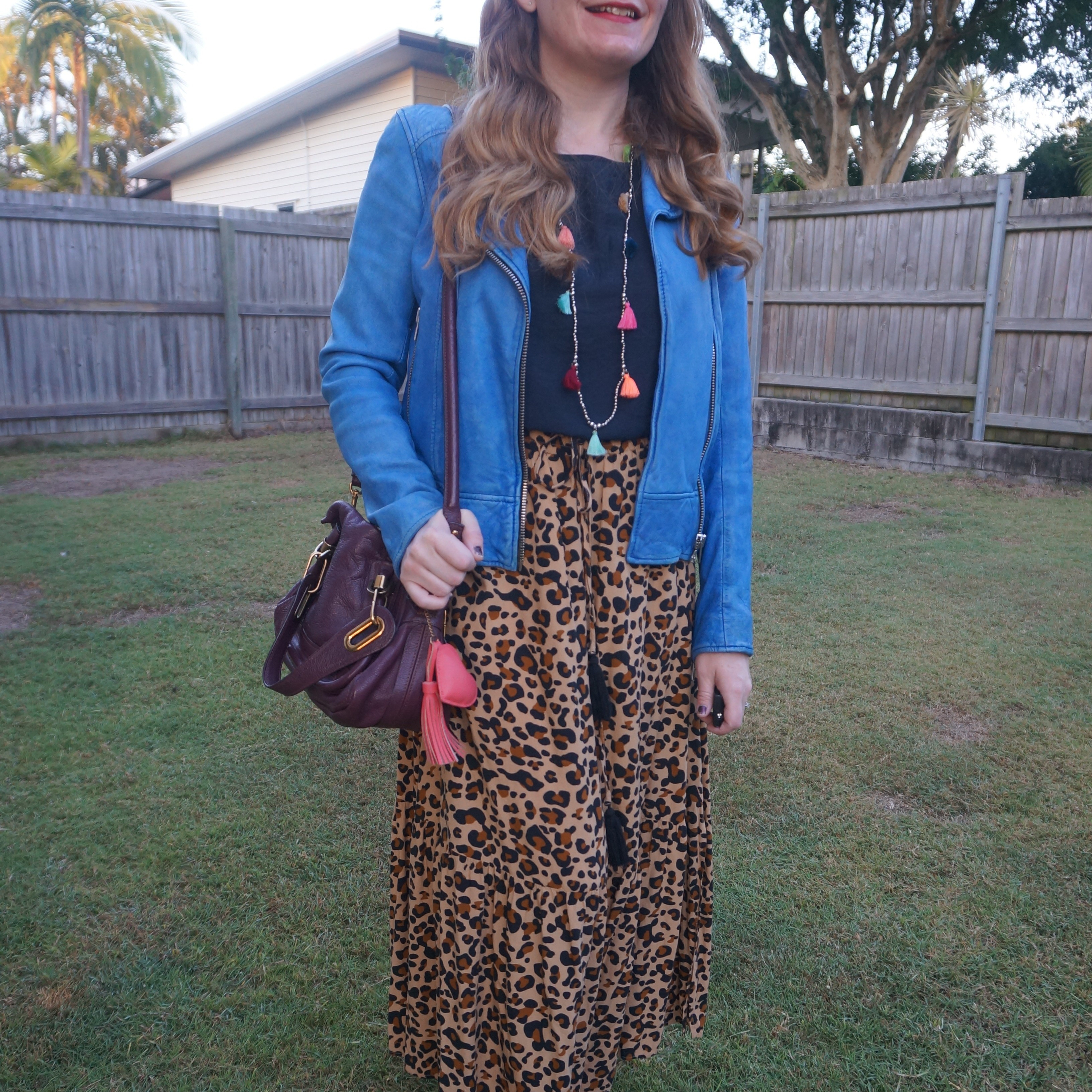 Blue leather jacket, navy blouse and leopard print maxi skirt with wine purple Chloe Paraty bag 💙💜

#LTKworkwear #LTKaustralia #LTKspring