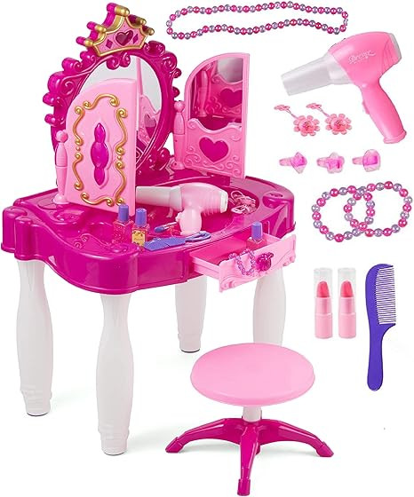 Prextex Kids Makeup Table with Mirror and Chair, Princess Play Set, Vanity Table with Makeup Acce... | Amazon (US)