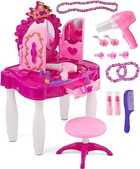 Prextex Kids Makeup Table with Mirror and Chair, Princess Play Set, Vanity Table with Makeup Acce... | Amazon (US)
