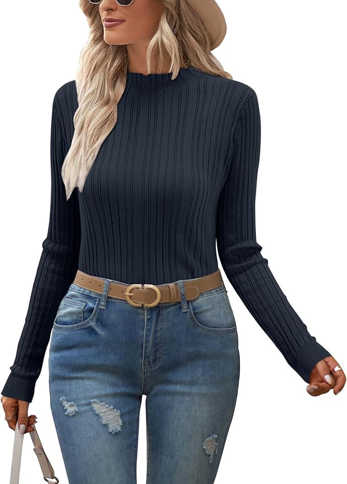 OUGES Women's Lightweight Stretchy Long Sleeve Pullover Cable Knit Mock Turtleneck Sweater | Amazon (US)