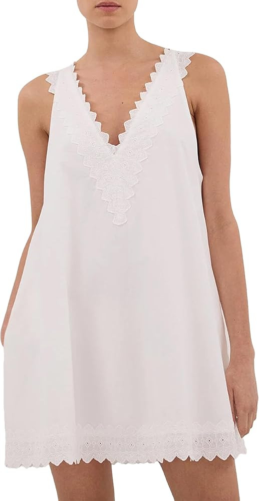 Lace Trim Mini Dresses for Women Trendy Sleeveless V Neck Shift Dress Summer Beach Vacation Sundress with Pockets | Amazon (US)