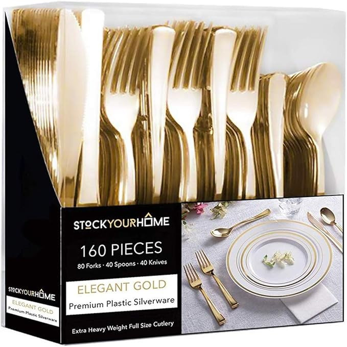 Gold Plastic Silverware Set (160 Bulk Pack) Disposable Cutlery Utensils, 80 Gold Forks, 40 Gold K... | Amazon (US)