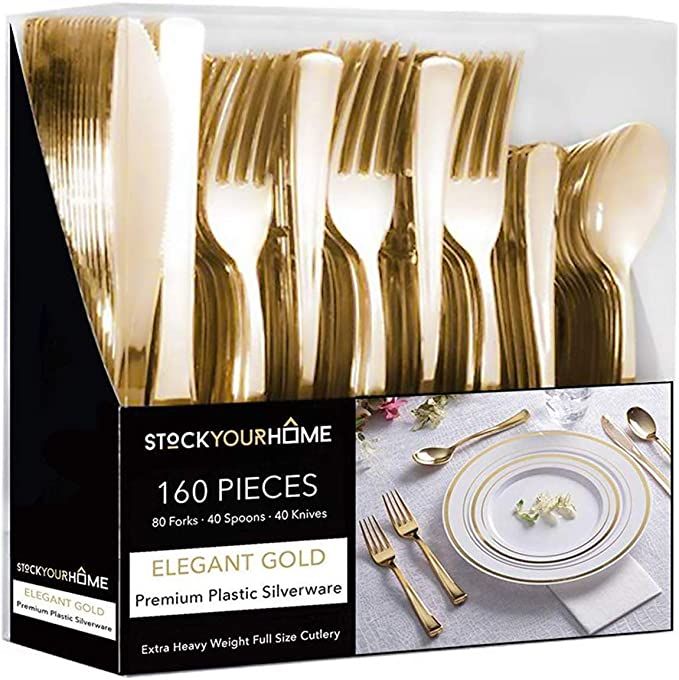 Gold Plastic Silverware Set (160 Bulk Pack) Disposable Cutlery Utensils, 80 Gold Forks, 40 Gold K... | Amazon (US)