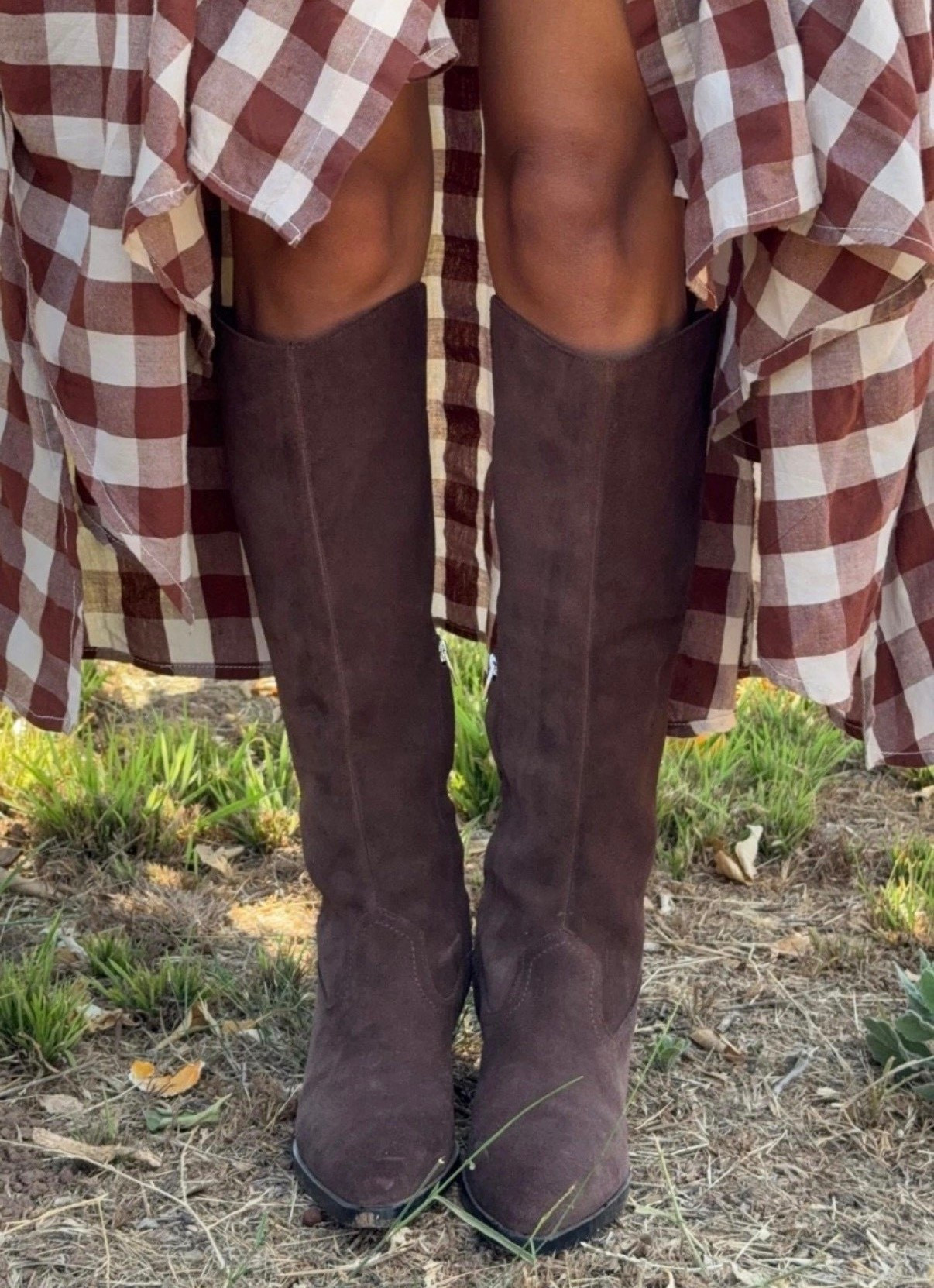 Western boots
Cowboy boots 
Boots 
Winter outfit 
Plaid dress
