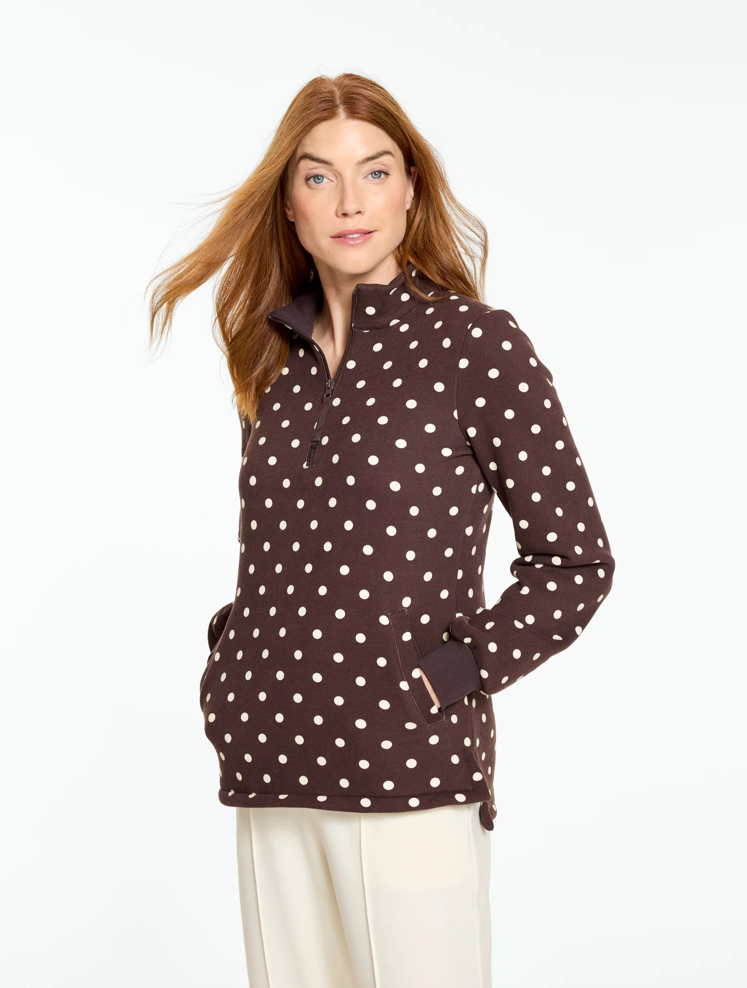 Plus Size - Cozy Fleece Half-Zip Pullover Sweater - Polka Dot - Rich Cacao/Ivory - 1X Talbots | Talbots
