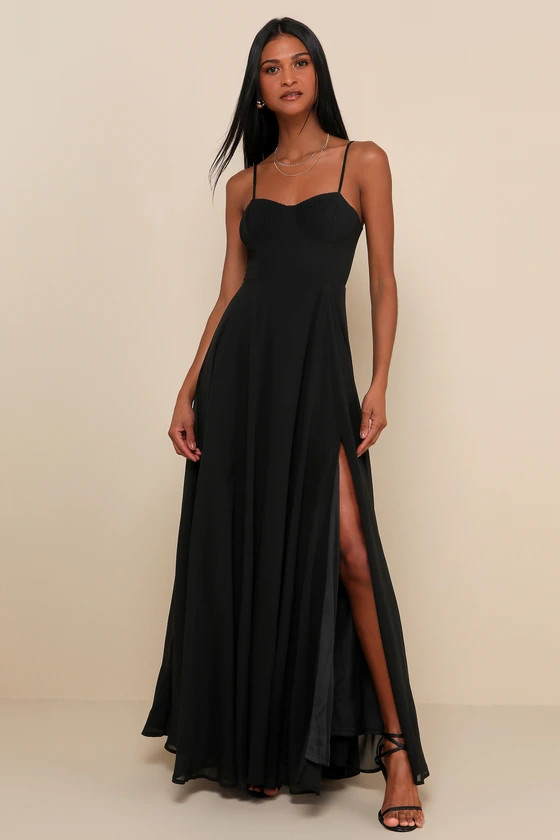 Cause for Commotion Black Pleated Bustier Maxi Dress | Lulus