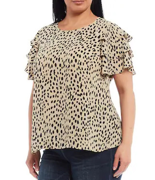Plus Size Round Neck Tiered Short Sleeve Leopard Print Blouse | Dillard's