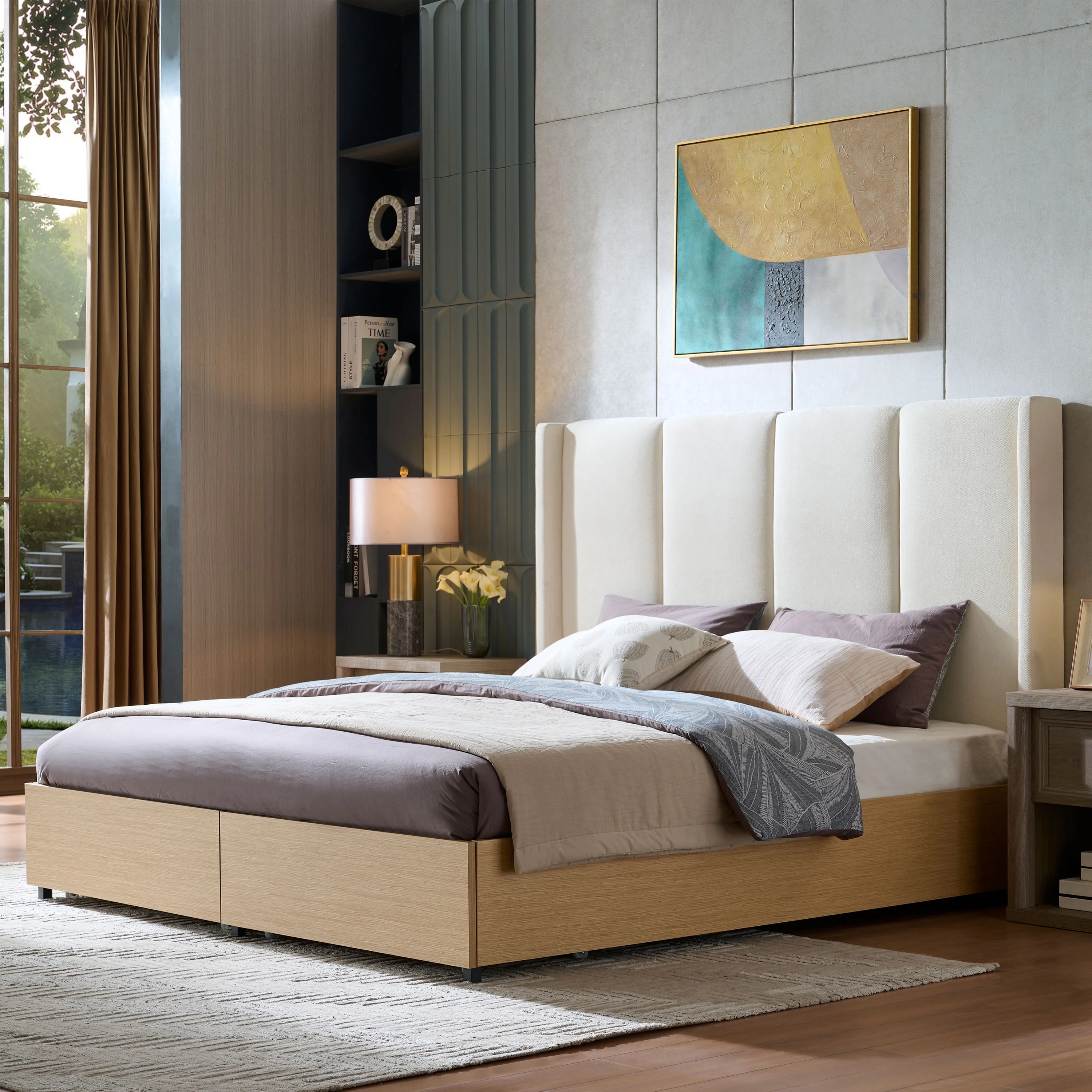 King Size Bed Frame and Upholstered Headboard, Solid Wood Platform Bed with Storage Drawers, Dura... | Walmart (US)