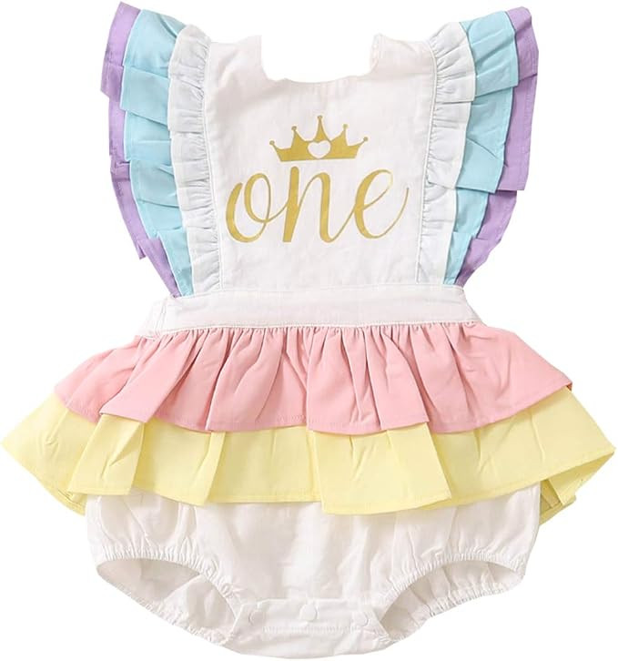 Puloru Newborn Baby Girl First Birthday Outfit Ruffle One Print Backless Jumpsuit Bodysuit | Amazon (US)