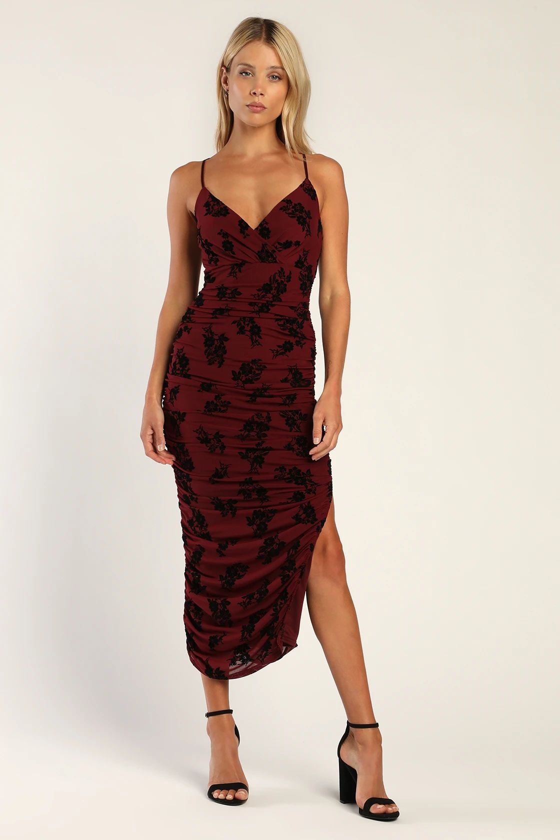 Eloquent Essence Burgundy Burnout Velvet Floral Midi Dress | Lulus (US)