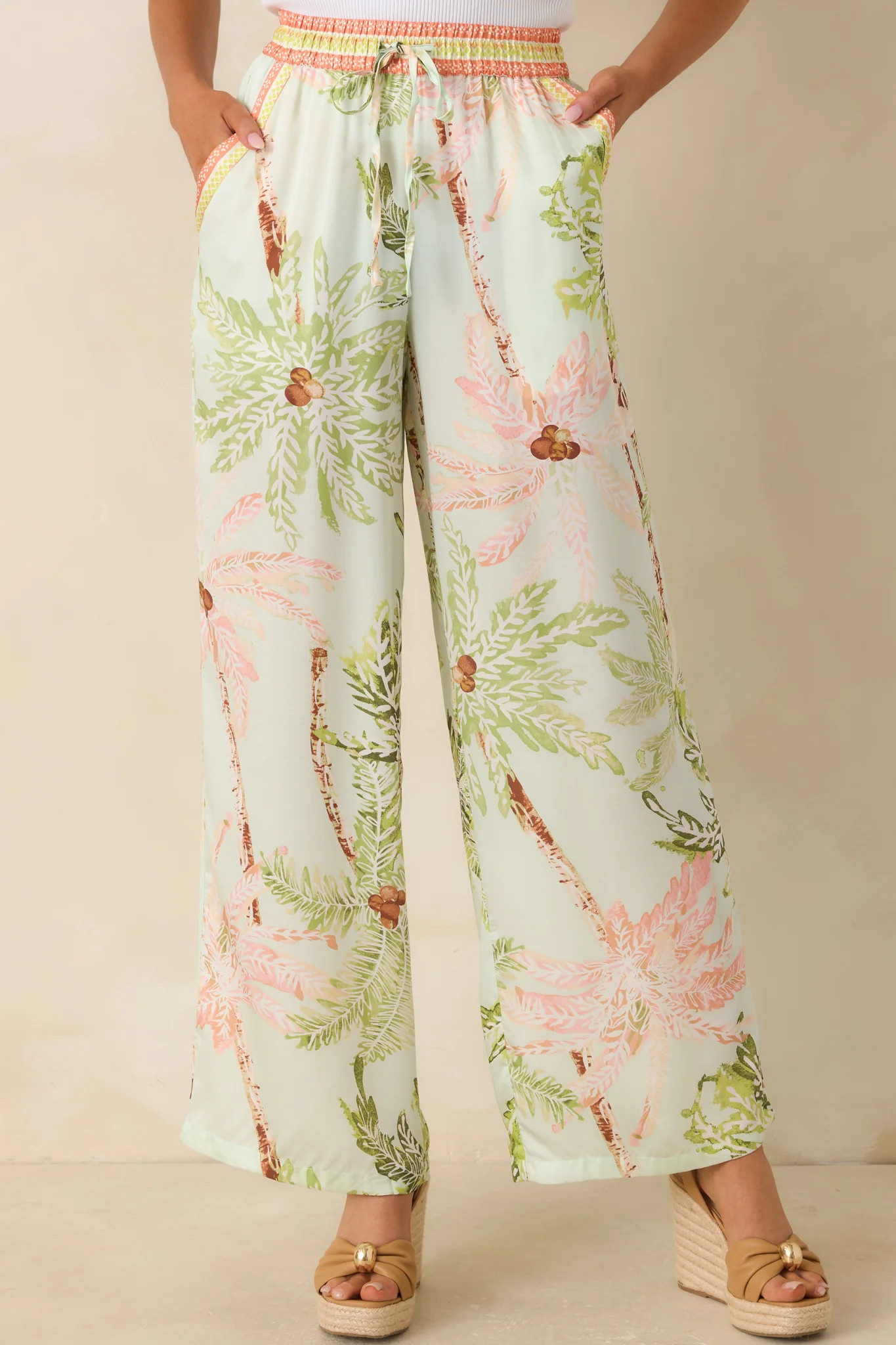 Palm Breeze Seafoam Green Palm Print Drawstring Pants | Red Dress
