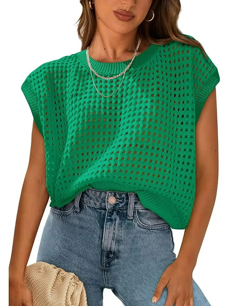 PRETTYGARDEN Womens Spring Tops Summer Shirts Crochet Cap Sleeve Sweater Pullover Cute Crew Neck ... | Walmart (US)