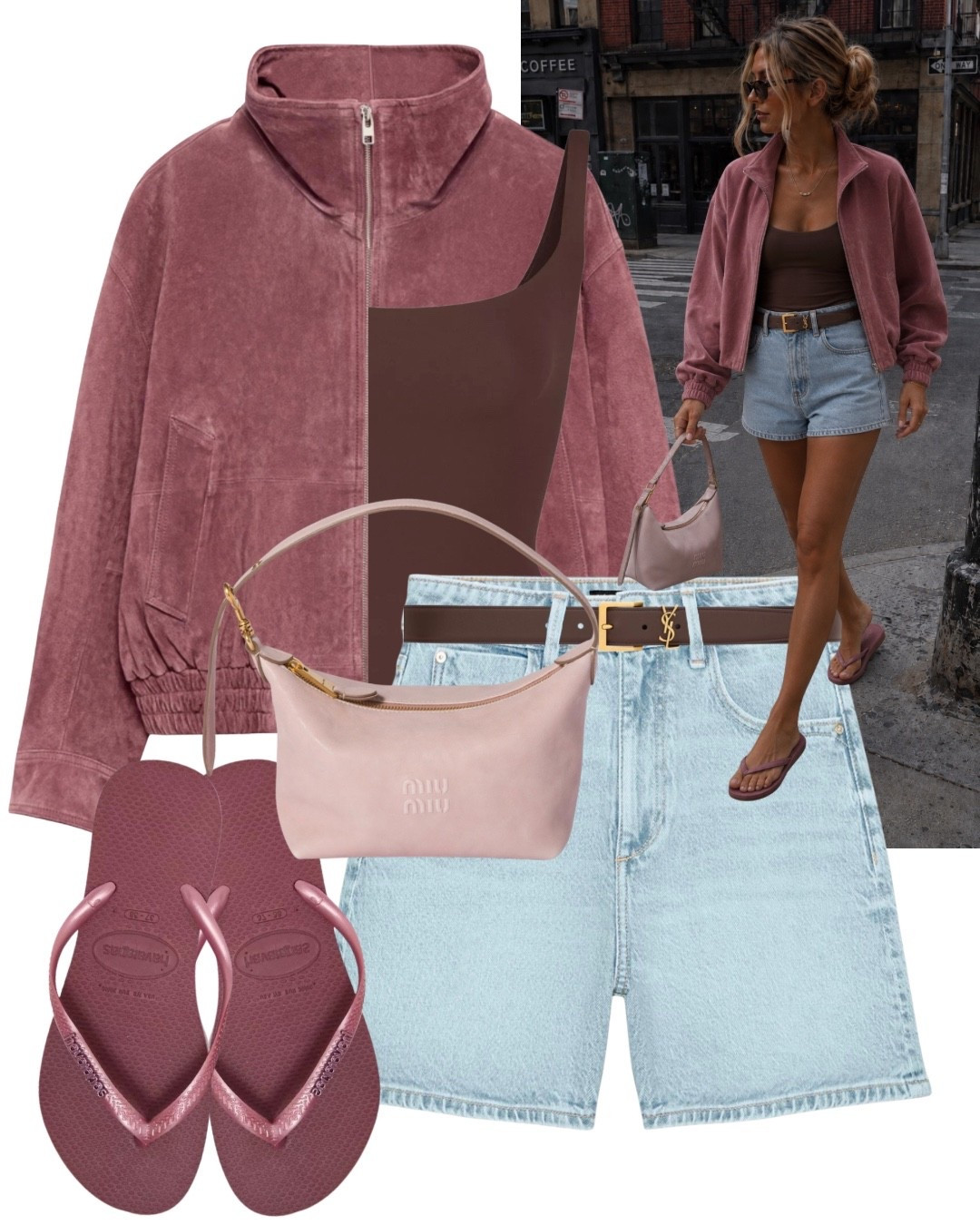 Transitional styling- Pink leather suede look bomber jacket, denim mom shorts, YSL belt, skims bodysuit, Havaianas flip flops & Miu Miu bag.
Autumn style, everyday wear, casual choc, elevated casual, end of summer, city style, date night

#LTKautumn #LTKFashionMonth #LTKeurope