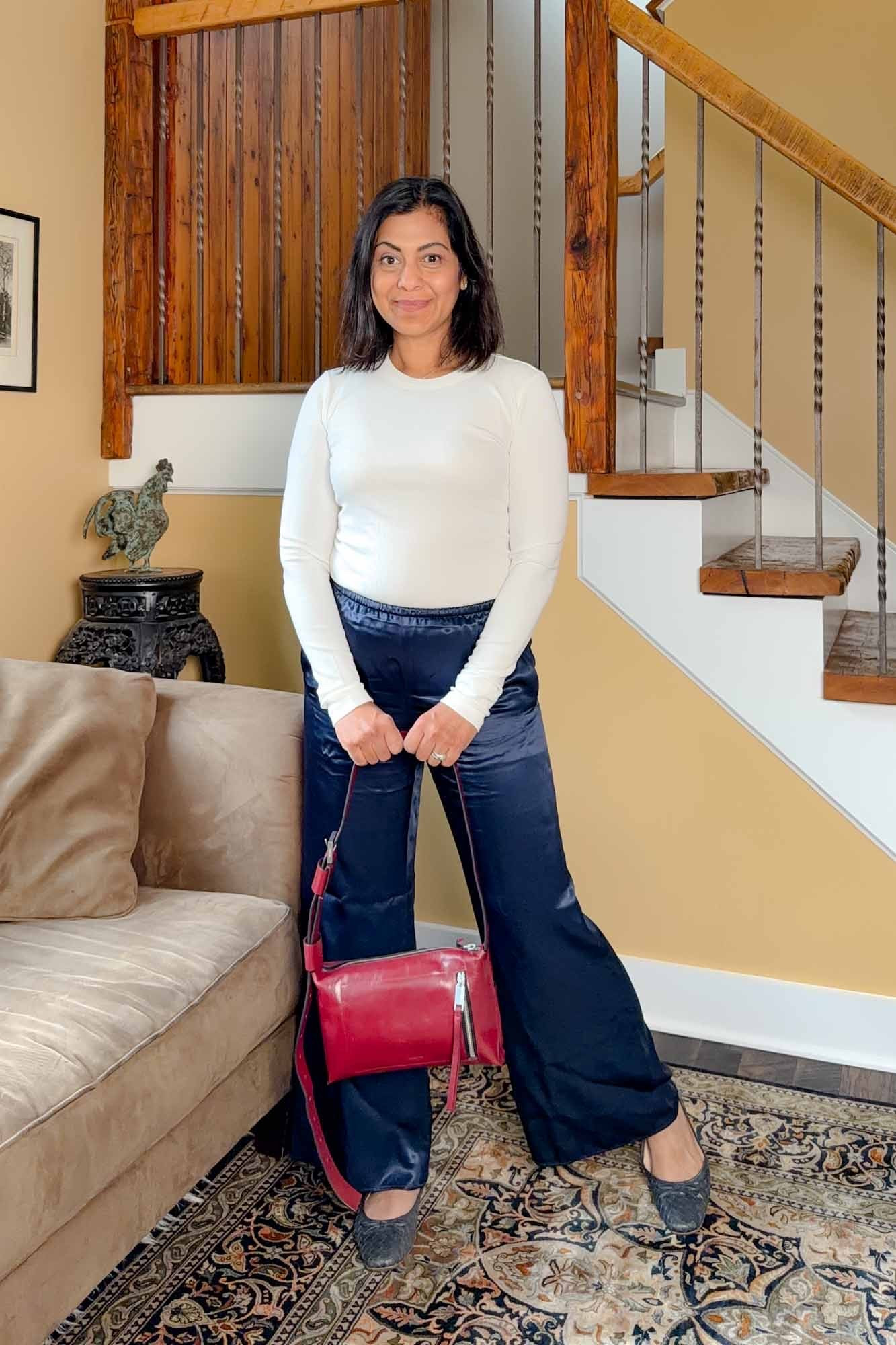 Making a simple outfit more interesting with an unexpected pop of color and edgy style.  This AllSaints crossbody is on sale now at the Nordstrom Anniversary Sale. 💙 Nipa 


#leatherhandbag #fallfashion #falloutfits #earlyfalloutfit #satinpantsoutfit

#LTKSaleAlert #LTKOver40 #LTKSeasonal