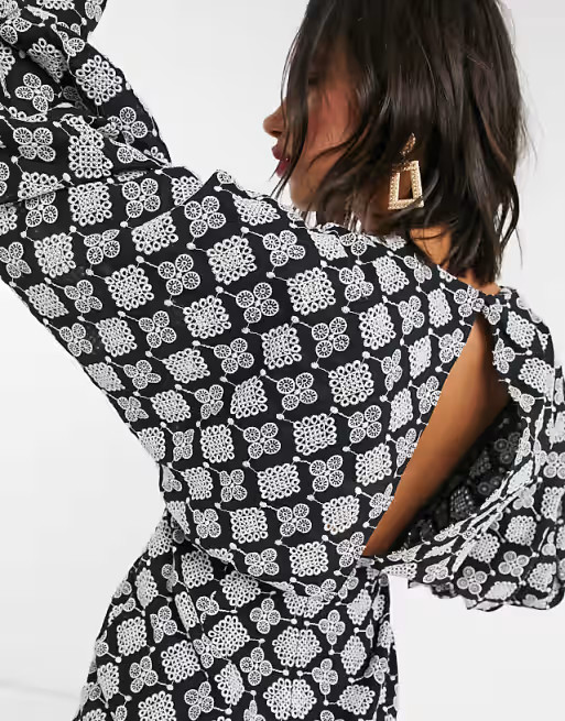 ASOS DESIGN structured contrast broderie mini dress with ballon sleeve | ASOS (Global)