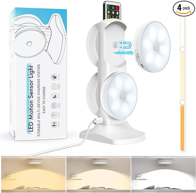 Wireless Motion Sensor Puck Lights with Charging Station, 3 Colors USB Rechargeable LED Closet Li... | Amazon (US)