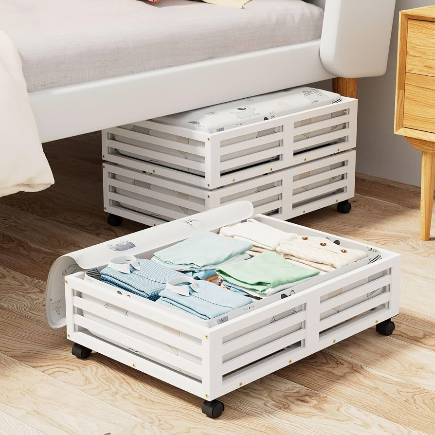 Bamboo Under Bed Storage Containers- Underbed Organizer with Wheels with Large Capacity Dust Bag,... | Amazon (US)