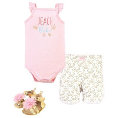 Little Treasure Baby Girl Cotton Bodysuit, Pant and Shoe 3pc Set, Beach Babe, 3-6 Months | Target
