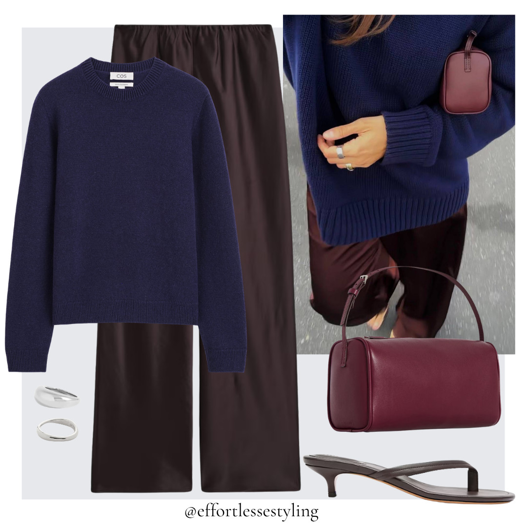 Smart casual Autumn outfit. 

Bright navy cashmere jumper, dark brown satin trousers, dark brown kitten heel flip flops, burgundy leather 90s mini bag, silver rings.  

 #LTKuk #LTKautumn #LTKdatenight