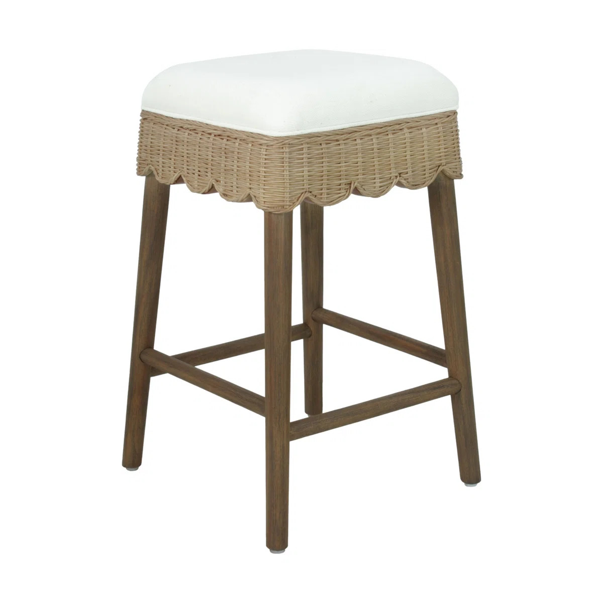 Celia Solid Wood Backless Counterstool With Scallop Woven Rattan Apron and Upholstered White Seat... | Wayfair North America