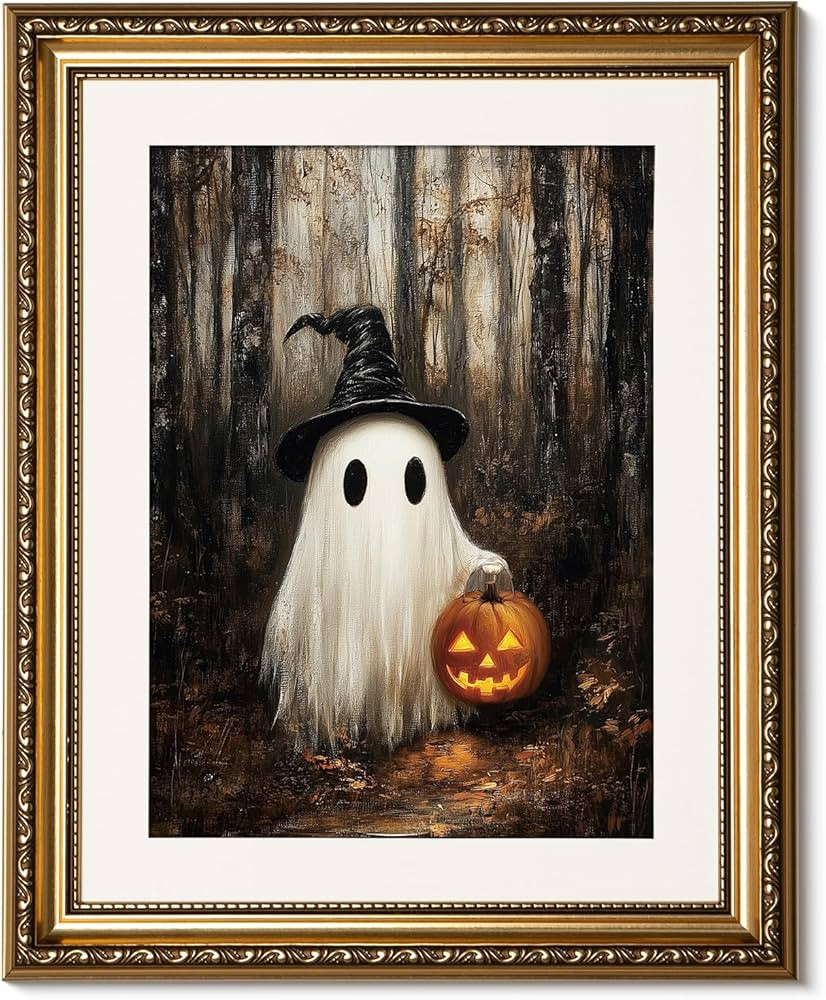 ARPEOTCY Gold Framed Canvas Art Prints, Vintage Halloween Decor, 13x16inch, Cute Ghost Pumpkin De... | Amazon (US)