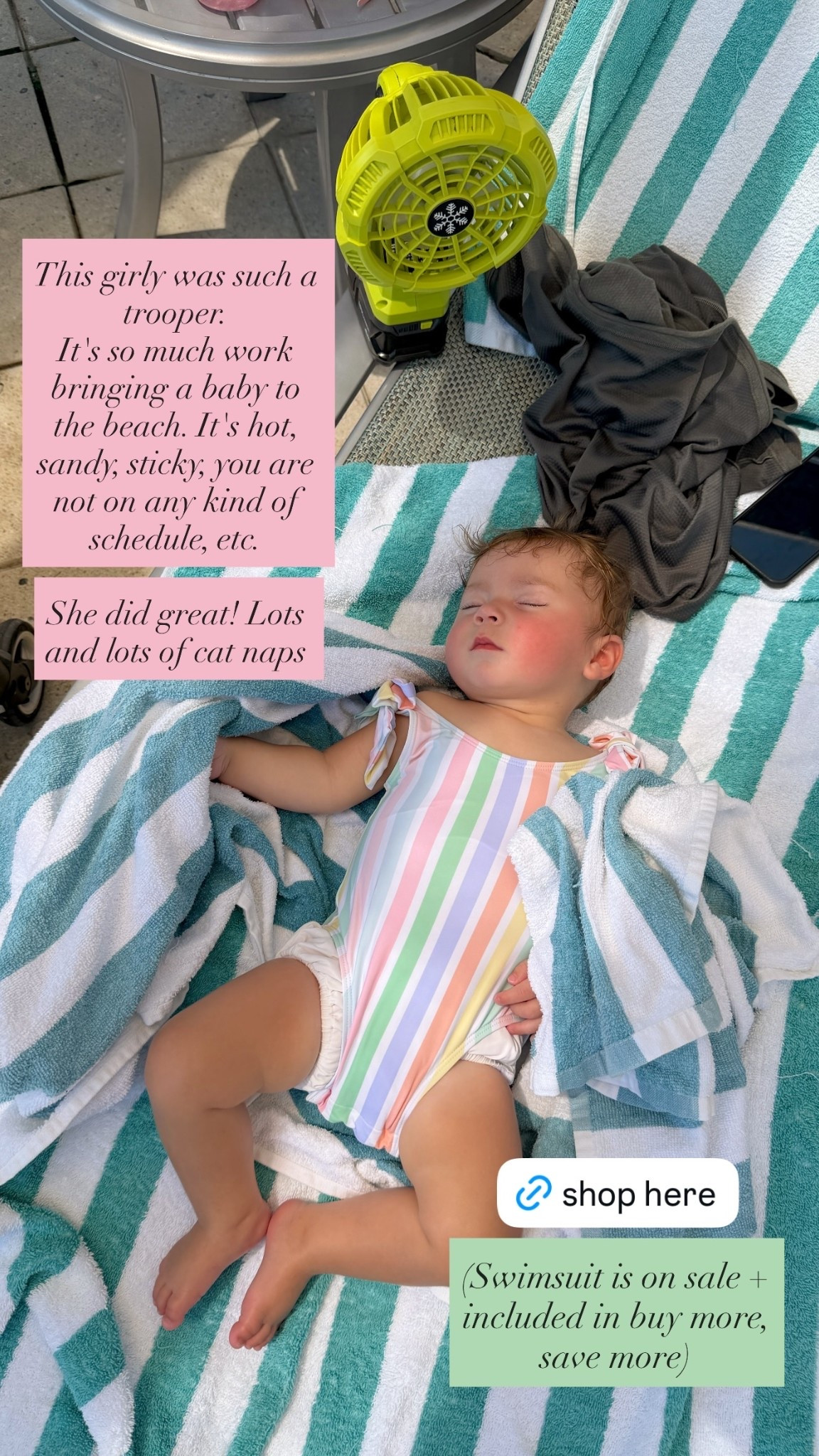 This girly was such a trooper.
It's so much work bringing a baby to the beach. It's hot, sandy, sticky, you are not on any kind of schedule, etc.

She did great! Lots and lots of cat naps (Swimsuit is on sale + included in buy more, save more)