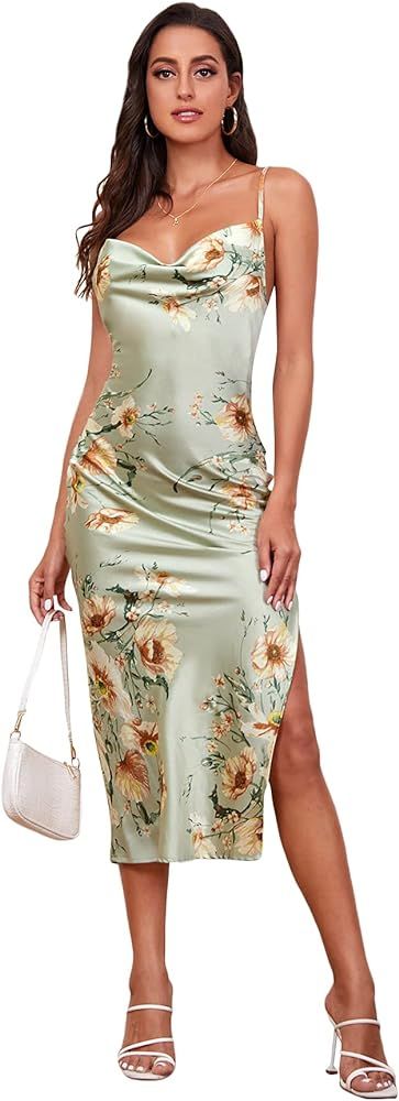 Floerns Women's Floral Print Criss Cross Sleeveless Split Thigh Cami Midi Dress | Amazon (US)