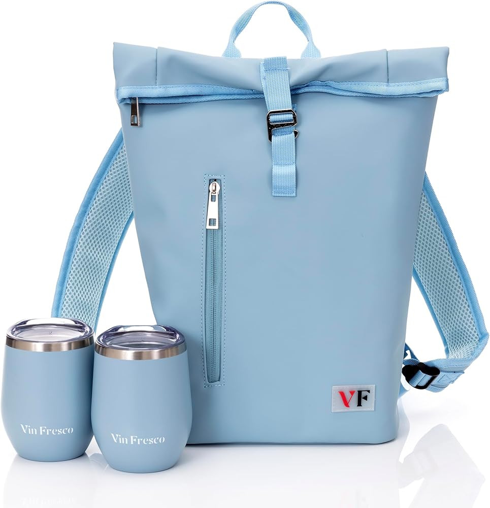 VIN FRESCO Two Bottle Rolltop Wine Tote Bag – Stylish PU Leather Backpack with Matching Tumbler... | Amazon (US)