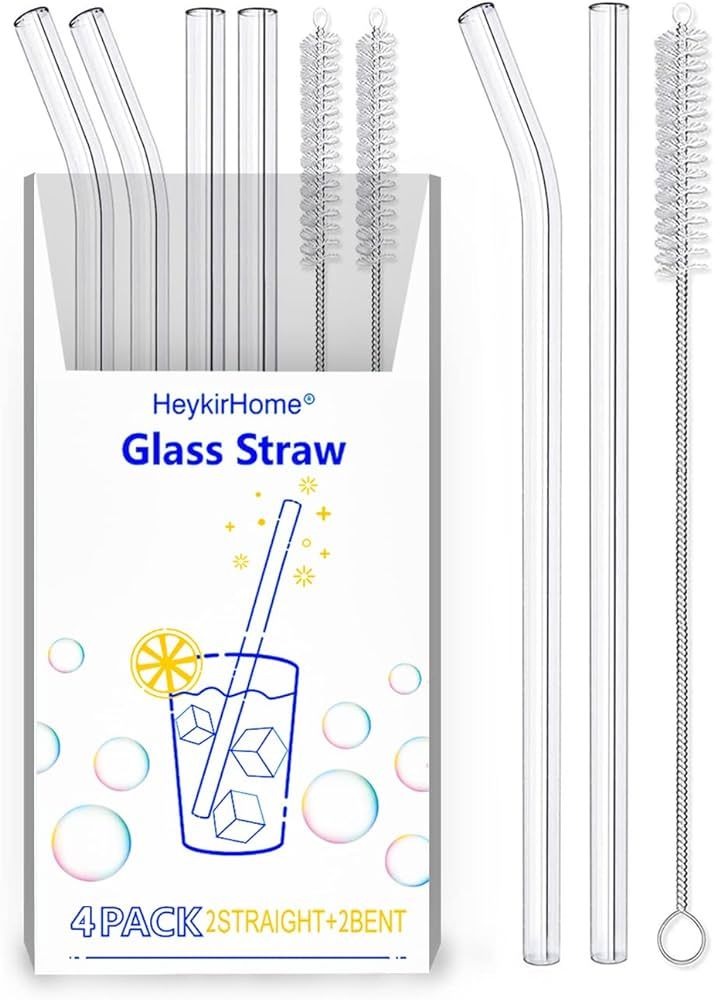 HeykirHome 4-Pack Reusable Glass Straw, Size 8.5''x10 MM,Including 2 Straight and 2 Bent with 2 C... | Amazon (US)