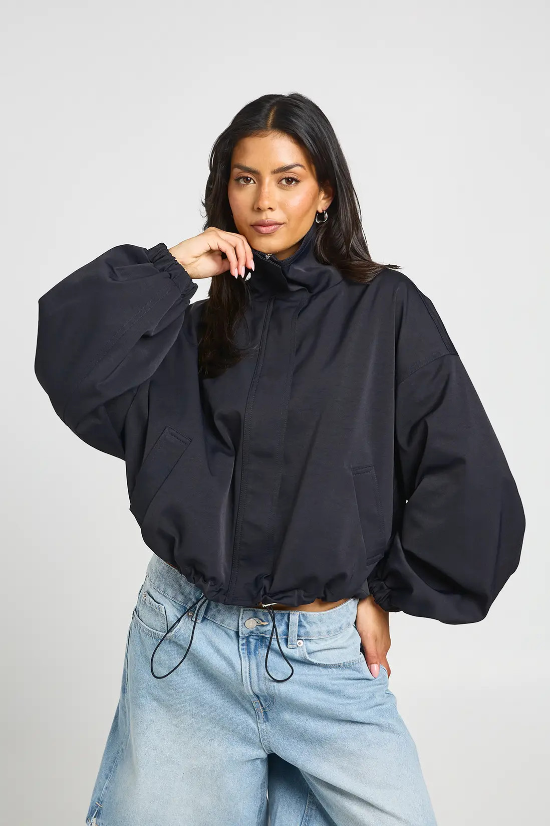 Navy boohoo Funnel Neck Bomber Jacket | PrettyLittleThing USA | PrettyLittleThing US