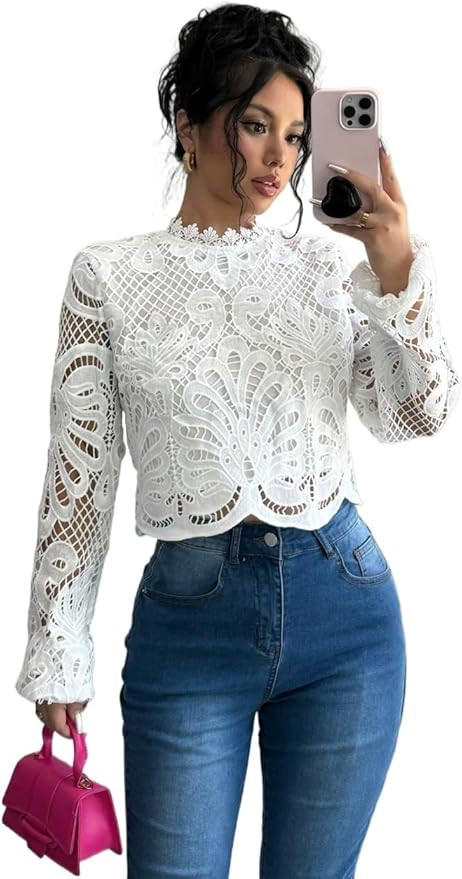 Womens Collar Lace Long Sleeve Crop Top Casual Blouse | Amazon (US)